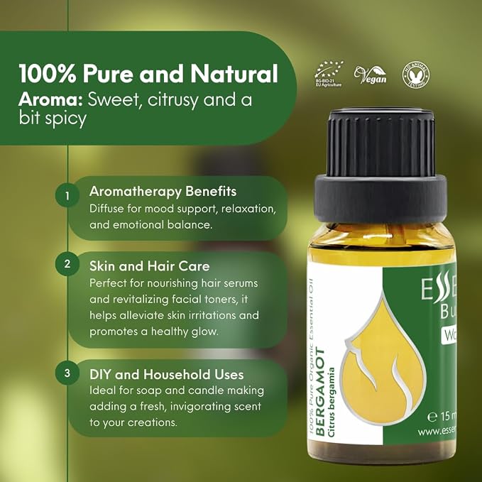 Essences Bulgaria Organic Bergamot Essential Oil 0.51 Fl Oz 15ml Citrus bergamia - 100% Pure and Natural Undiluted Therapeutic Grade Home Aromatherapy Diffuser Oil Massage Soap and Candle Making