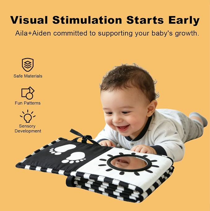 Aila+Aiden Baby Toys, Tummy Time High Contrast Newborn Toys 0-3 Months, Soft Cloth Foldable Baby Book, Visual Stimulation Montessori Sensory Infant Baby Book (Black White and Colorful)
