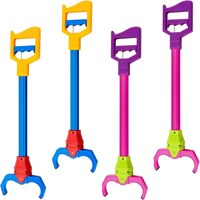 Lewtemi 4 Pcs Interactive Grabber Toy for Kids Claw Robot Arm Pack Reacher Pickup Tool for Boys Girls Children Fun Early Learning and Hand Eye Coordination Play, 18 Inch (Red,Blue)