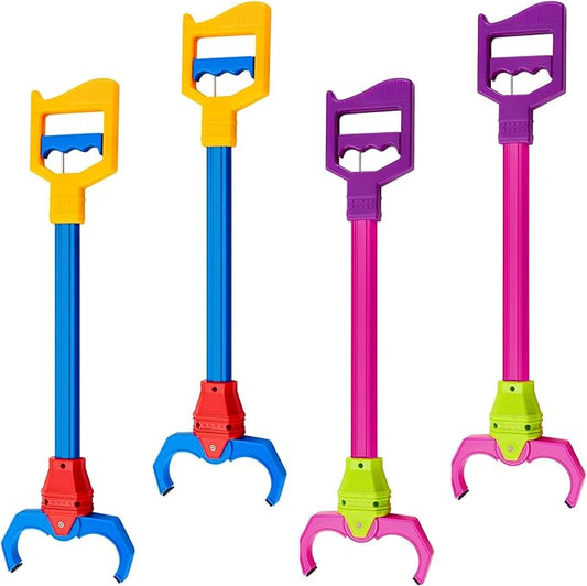 Lewtemi 4 Pcs Interactive Grabber Toy for Kids Claw Robot Arm Pack Reacher Pickup Tool for Boys Girls Children Fun Early Learning and Hand Eye Coordination Play, 18 Inch (Red,Blue)
