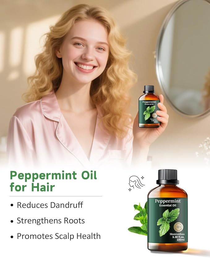 Peppermint Essential Oil, Minty Scent, Diffuser, Outdoor & DIY, 3.38 Fl Oz | Mumianhua Peppermint Oil. Fresh, Cooling Scent. For Focus, Outdoor, Scalp & Skin. DIY Cleaning & Diffusion