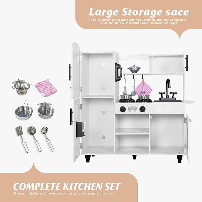 TaoHFE Wooden Kitchen Playset for Toddlers - Kitchen Toy Set with Lights & Sounds for Pretend Play, Gift for Kids Age 3+ (White)