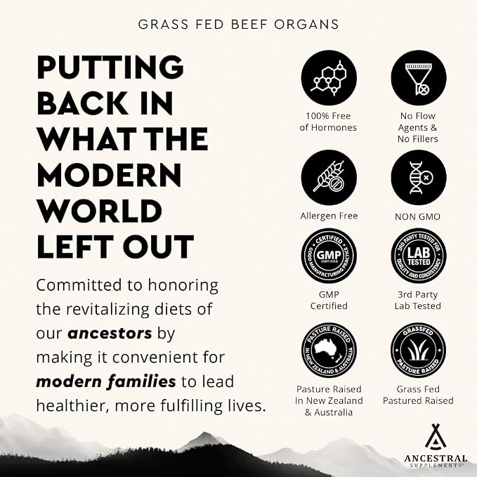 Ancestral Supplements Grass Fed Beef Organ Supplement, Supports Whole Body Wellness with Proprietary Blend of Liver, Heart, Kidney, Pancreas, Spleen, Freeze-Dried Beef, Non-GMO, 180 Capsules