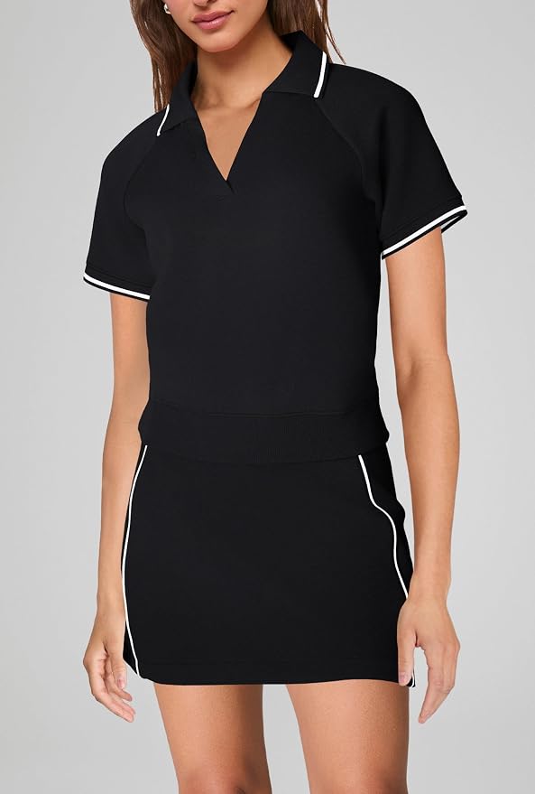 Womens Workout Sets 2 Piece Outfits V Neck Short Sleeve Polo Shirt and Tennis Skort Set with Pockets