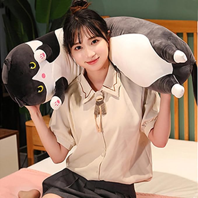 Black Cat Long Plush Pillow Kitty Stuffed Animals Soft Sleeping Throw Pillow Doll Toy Gift(Black,18inches)