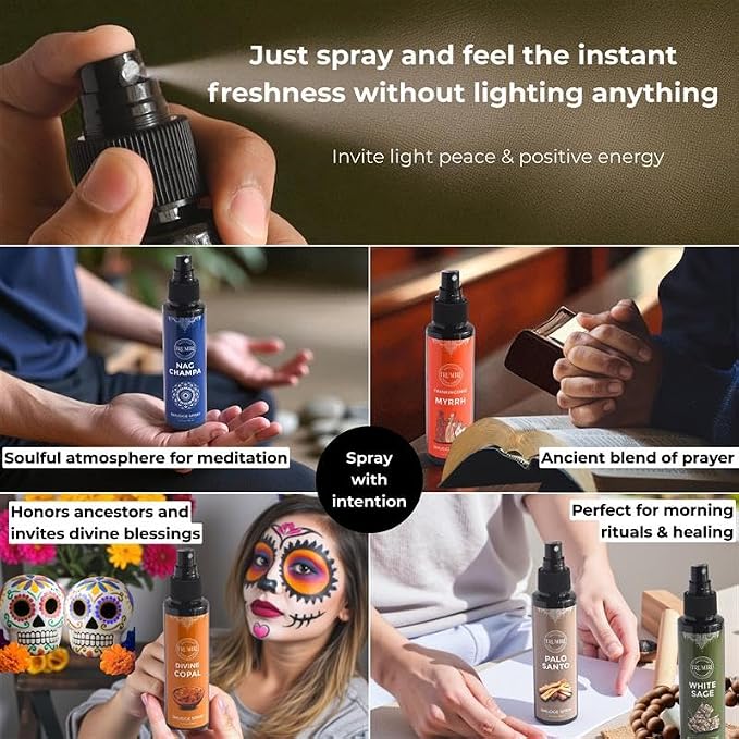 Set of 5 Smudge Sprays White Sage|Palo Santo|Frankincense Myrrh|Nag Champa|Copal for Negative Energy Cleansing of Home - Natural Room Sprays and Body Mists Made with Non Toxic Essential Oils