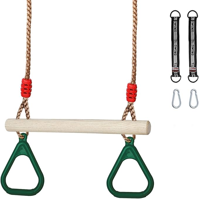 Trapeze Swing Bar with Rings, Wooden Trapeze Swing Bar with Plastic Gym Rings Adjustable Rope, Locking Straps, Outdoor Swing Set Playground Accessories for Kids (Green)