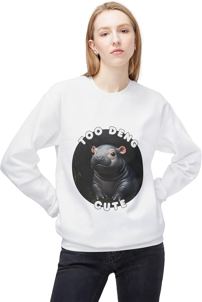 Unisex Fleece Crewneck Sweatshirt - Too Deng Cute Moo Deng Hippo, Cozy Cotton Blend, Classic Relaxed Fit
