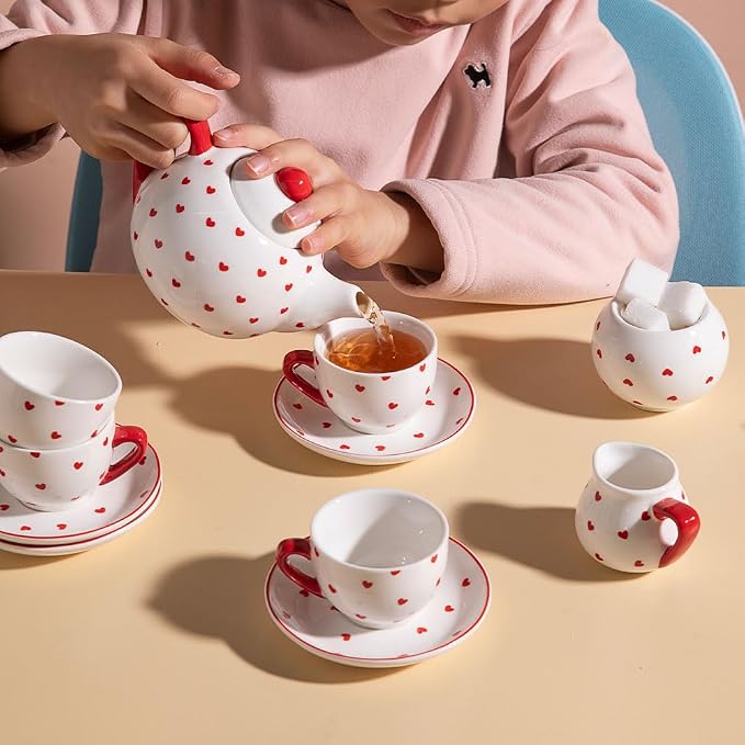 Sweejar Porcelain Tea Set for Little Girls,Kitchen Toys Tea Party Set for Kids Toddler Kitchen Pretend Toy Include Children Teapot, Cup & Saucer Set of 4, Sugar Bowl and Cream Pitcher(Love)