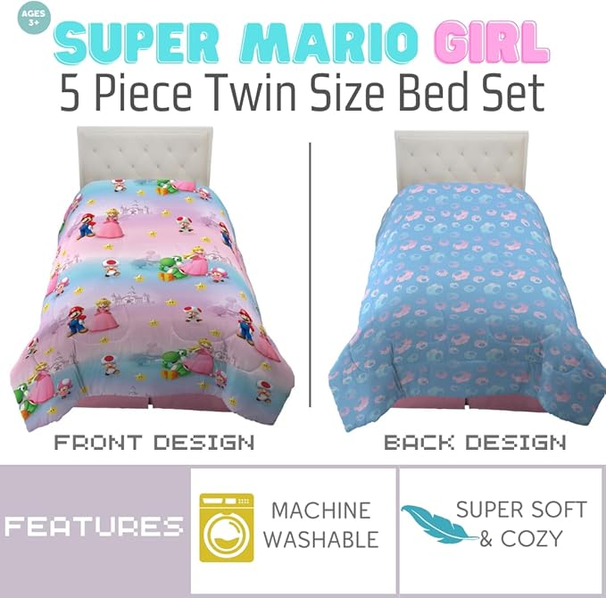 Super Mario Girl Princess Peach Girl Gamer Kids Bedding Super Soft & Cozy Reversible Microfiber Comforter and Sheet Set with Sham, 5 Piece Twin Size, (Officially Licensed Product) by Franco