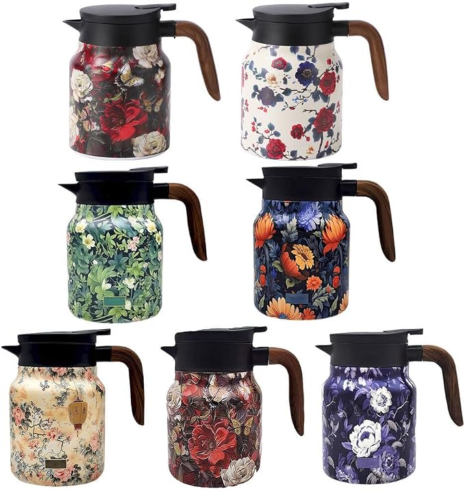 Vintage Floral Pattern Tea Pots – Built-in Infuser,Vintage Floral Teapot with Built In Infuser Stainless Steel Thermal Carafe with Lid for Hot Drinks,Green(Wooden handle,35oz)