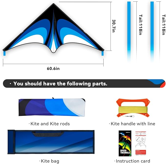Delta Kite Set for Kids and Adults,Extremely Easy to Launch for Beginners, Perfect for Beaches and Parks,ites for Beach Trip Park Family Outdoor Games and Activities (Speed Triancle - BL, 1)