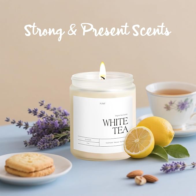 White Tea Candles for Home Scented, Natural Soy Wax Aromatherapy Non Toxic Scented Candle, Handmade Highly Scented & Long Lasting Jar Candle for Stress Relief, Relaxation, Holiday Gifts (9oz)