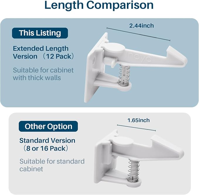 Inaya Cabinet Locks Child Safety Latches (Pro Extended) - Baby Proofing Cabinets & Drawers Locks - Child Proof Your Home - No Drilling & No Tools Required! (12 Pack)