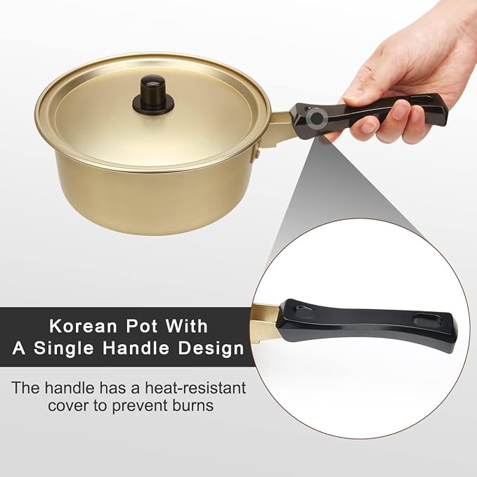 AHIER Korean Ramen Cooking Pot, Korean Ramen Noodle Pot with Lid, Spoon | Chopsticks (1pair), Single Handle, Fast Heating Stovetop for Kitchen Cookware Dorm and Camping