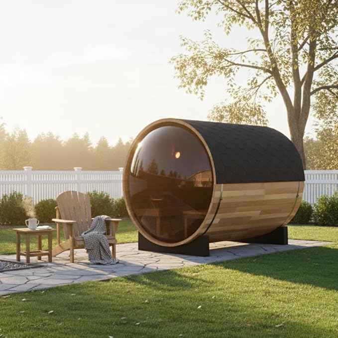 Outdoor Wooden Panoramic Barrel Sauna, 4-6 Person Sauna Room 220V， 6kw Toule Electric Heater， Accessories and Asphalt Shingle Roof, (Helmock, 70.86"x74.86"x74.86")