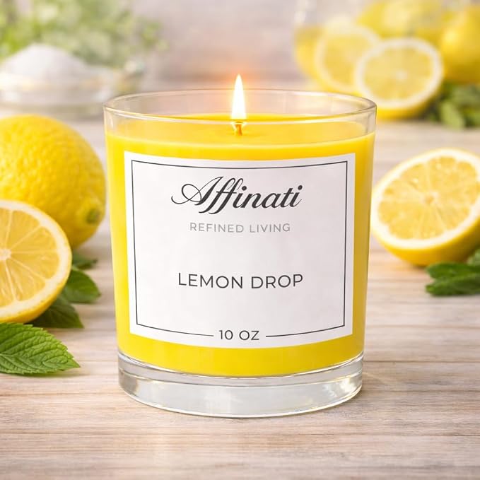 Lemon Drop Affinati 10 oz Scented Candle for Home – Long Lasting Fruity Soy Blend Candle with Wooden Wick, Strong Scent Throw Glass Jar Candles, Premium Clean Burning Aromatherapy Gifts