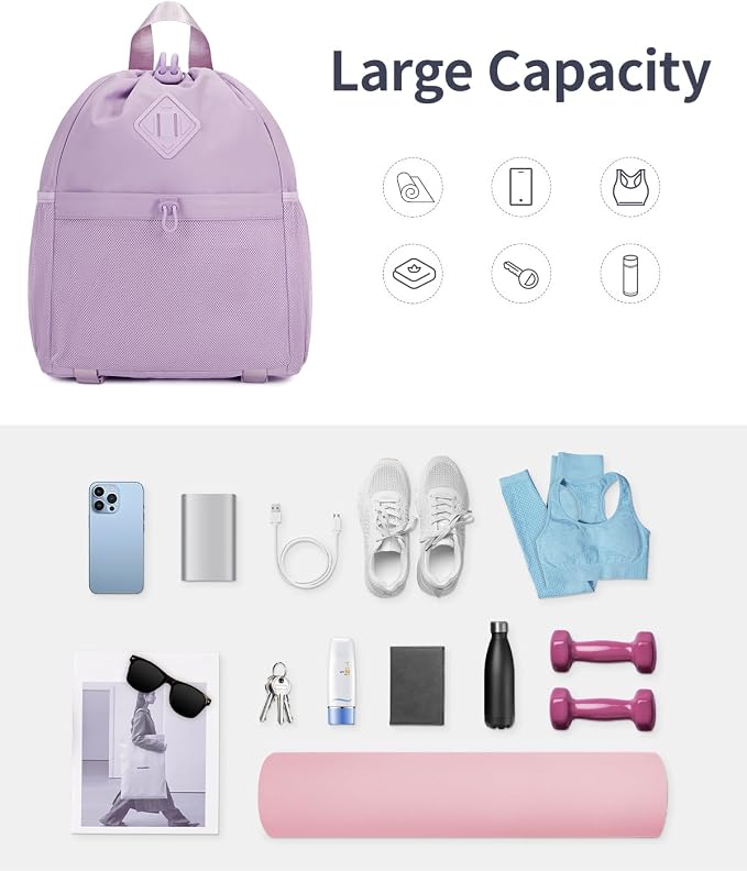 WANDF Drawstring Backpack for Women, Lightweight Gym Bag with Yoga Mat Strap, Water-Resistant String Backpack with Mesh Pocket (Purple, Patent Pending)