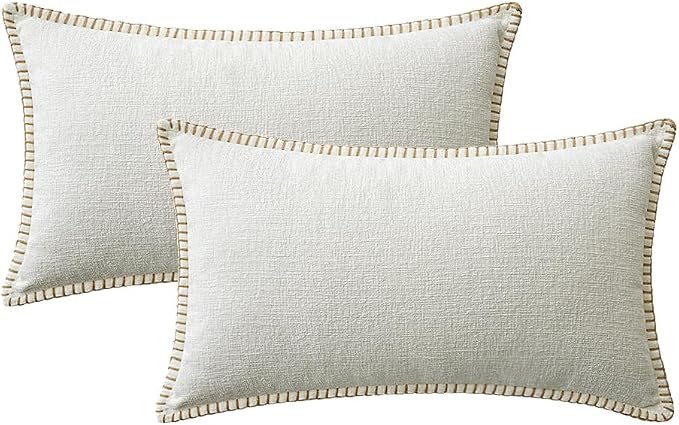 MIULEE Decorative Lumbar Throw Pillow Covers 12x20 Inch Pure White 2 Pack | Farmhouse Pillow Covers with Stitched Edge, Soft Chenille Cushion Cases, for Couch Sofa Bed Living Room Home Decor