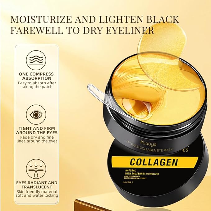 24K Under Eye Patches Gold Collagen Eye Mask, 60 Pairs Hydrogel Under Eye Patches with Hyaluronic Acid, Anti-Aging Treatment for Dark Circles, Puffiness and Fine Lines