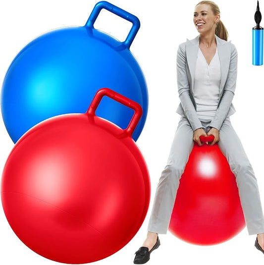 Lewtemi 2 Pcs 31 Inch Big Hopper Ball Jumping Hopping Inflatable Bouncing Ball with Handle and Air Pump for Adults Carnival Outdoor Sports Game(Red, Blue)