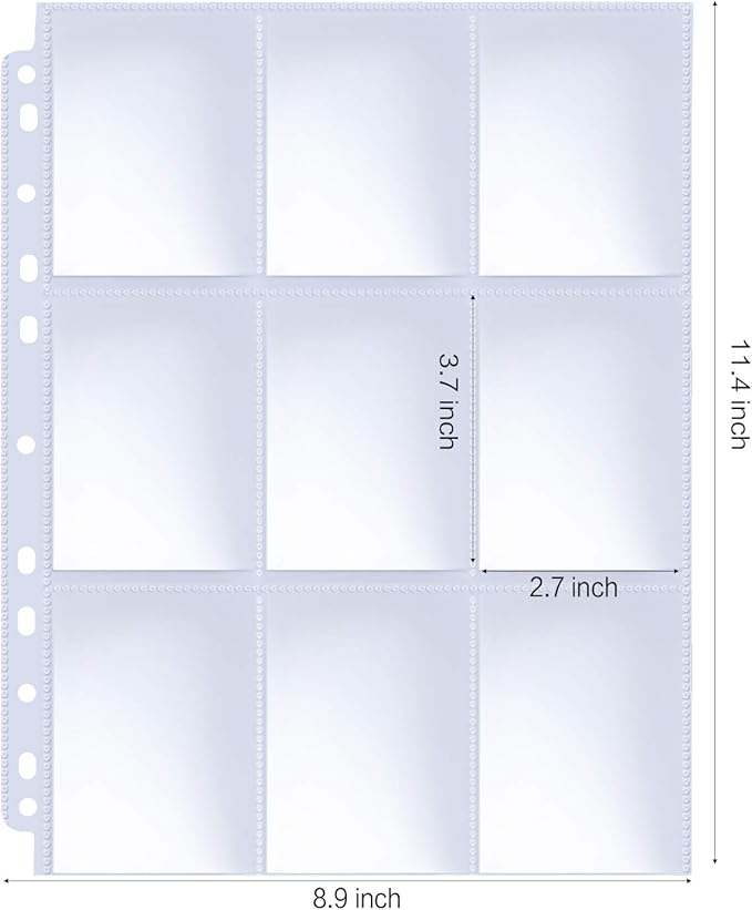 HERKKA Trading Card Sleeve Pages, 100 Pack 9 Pocket Album Pages 11 Holes Fit 3 Ring Binder