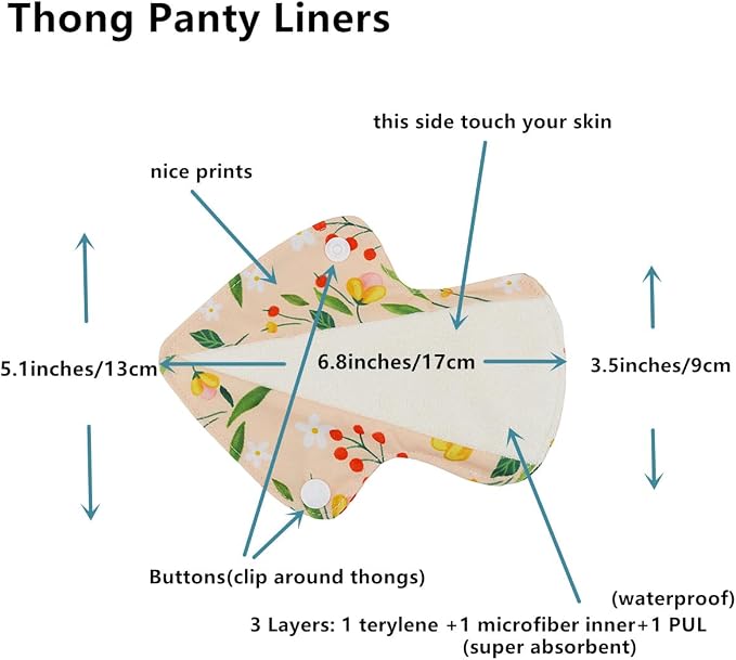 5 Thong Panty Liners 1 Wet Bag Cloth Menstrual Pads Sanitary Reusable Washable (Silver Foliage White)