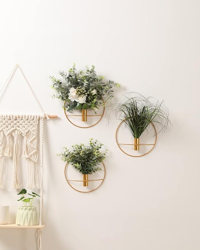Pretty Jolly Boho Eucalyptus Wall Decor Gold Metal Wall-Mounted Art | Morden Artificial Greenery Display，2 Pack Eucalyptus Hanging Planter For Living Room, Bedroom, Bathroom, Dining room