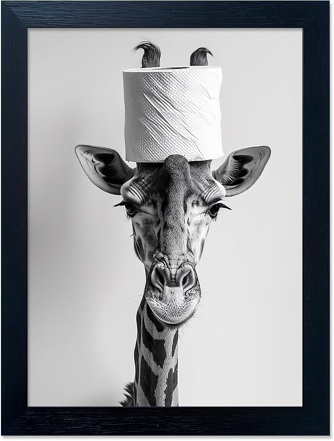 Framed Funny Bathroom Wall Art Giraffe with a Toilet Paper Roll on Head Print Black and White Bathroom Pictures Wall Decor Humor Animal Canvas Artwork