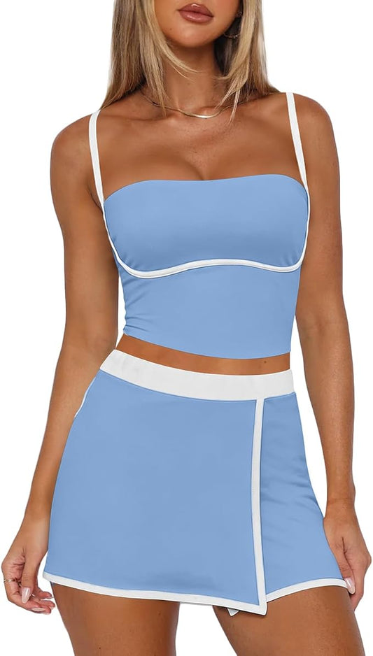 Tennis Skirt Sets Women 2 Piece Outfits Workout Sets Spaghetti Strap Tank Top and Skort Set Athletic Gym Yoga Outfits