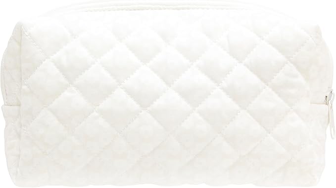 PAZIMIIK Small Quilted Makeup Bag,Zipper Cosmetic Pouch,White Floral | Lightweight Cosmetic Bag Organizer for Women,Purse Storage Holds Makeup,Toiletries,Skincare,Beauty Essentials,Travel Items