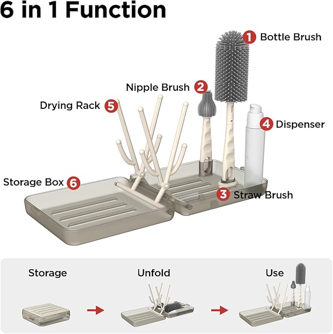 YOTIME Travel Bottle Brush Set, Auto-Open Rack & Vertical Brushs Drying Slots, 3 Brushes, Foldable Drying Rack, Dispenser, Travel Baby Essentials for On-The-Go Parents, Transparent Coffee