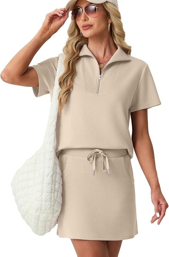 GRECERELLE Women's Summer 2 Piece Skort Set Half Zip Short Sleeve Top & Pocketed Tennis Skirt For Sports & Vacations.