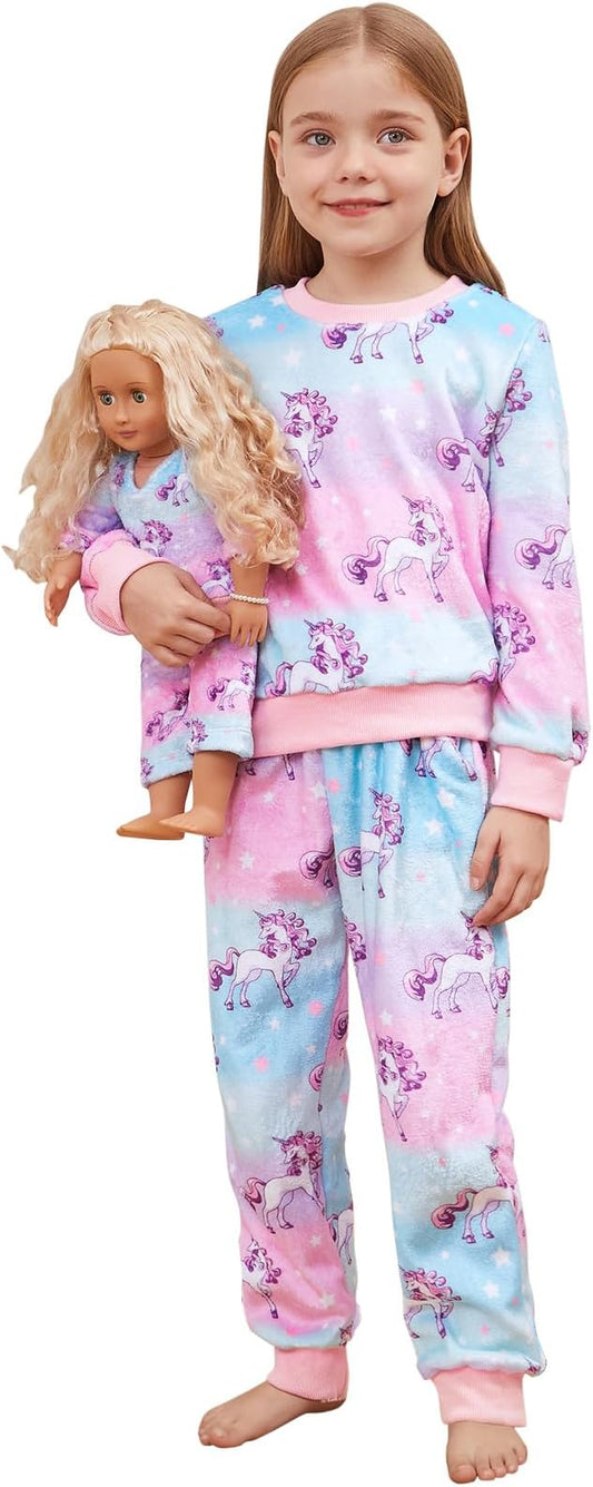QPANCY Matching Doll & Girls Fleece Pjs Set kids Fall Winter Long Sleeve Sleepwear 2 Piece Pajamas