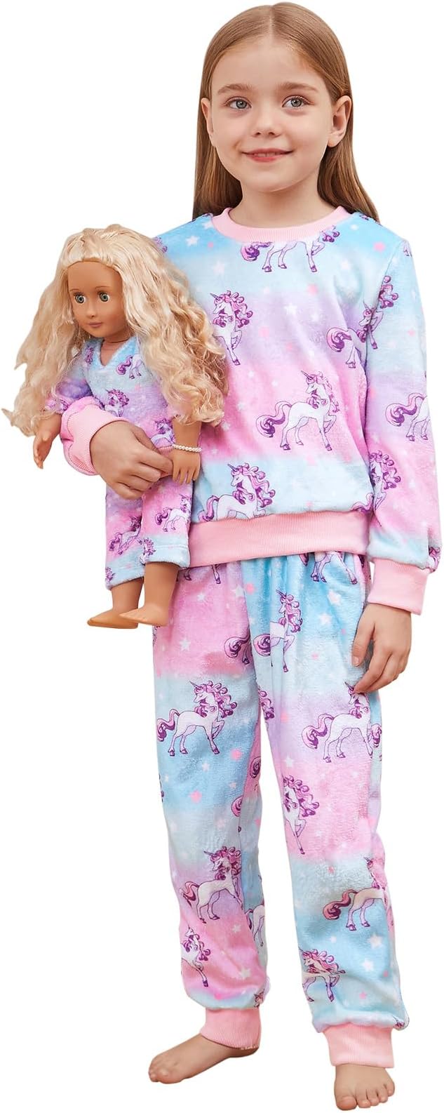 QPANCY Matching Doll & Girls Fleece Pjs Set kids Fall Winter Long Sleeve Sleepwear 2 Piece Pajamas