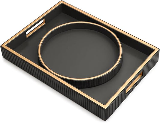 Leather Tray Desktop Storage Organizer, Decorative Tray Set, Black | Premium Serving Trays Valet Tray for Sundries Cosmetics Phone Wallet Cutlery, Set of 2, Black Holder with Disc