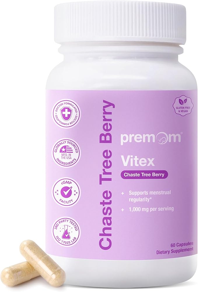 Premom Vitex Chasteberry Supplement for Women, Hormone Balance, Menopause, Menstrual Cycle, Fertility, & PMS Support*, 1,000mg Per Serving from Natural Extract, Vegan, 60 Veggie Capsules
