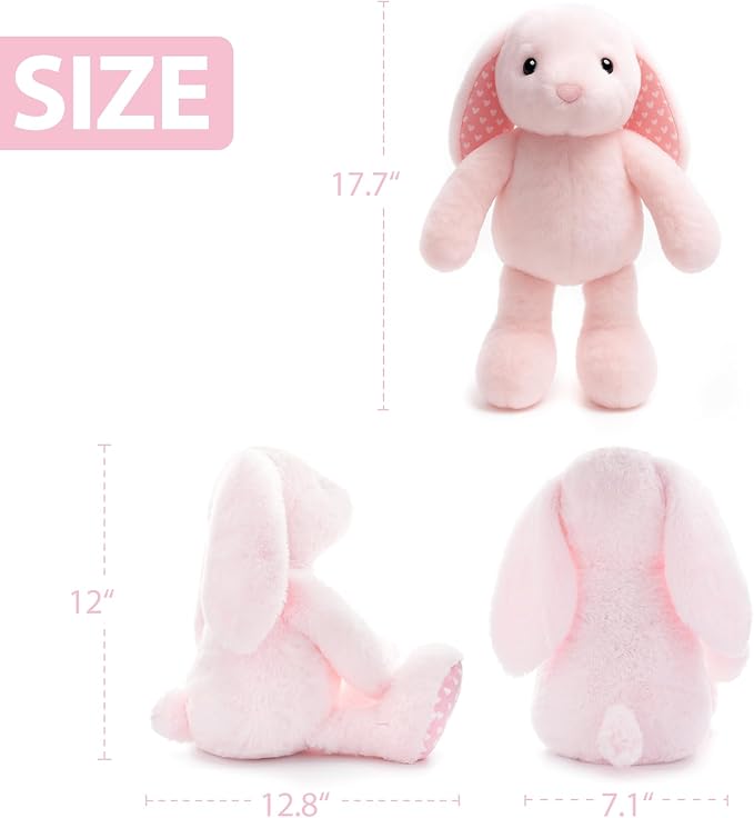 Pink Rabbit Bunny Stuffed Animal Plush Toys with Floppy Ears & Heart Print for Lover, Kids, Boys, Girls, Babies - Perfect Birthday Nursery Décor Easter Christmas Bedtime Gift
