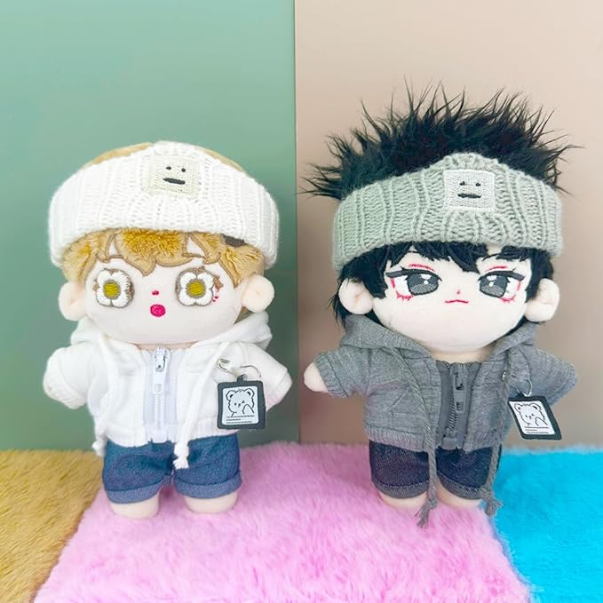 niannyyhouse 10cm-15cm Plush Doll Clothes Headband Coat Jeans Compatible with 17cm Labubu Doll (Gray+Black)