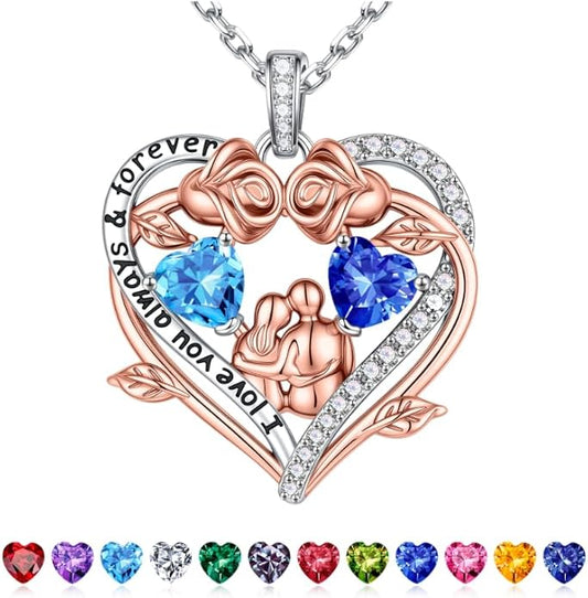 Iefil Valentines Gifts for Her Wife - 925 Sterling Silver Double Heart Birthstone Necklace, Anniversary Birthday Gifts for Women Wife Girlfriend