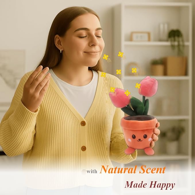 Stuffed Plant Plush Toy, Happy Face Flower Plushies Plant Pillow Decorationr with Natural Scent, Adorable Stuffed Flower for Christmas Horror Plush Halloween(Pink Tulip)