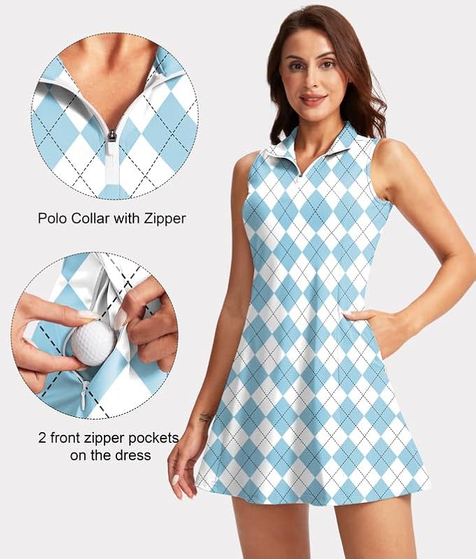 Viodia Women's Tennis Golf Dress with Shorts | Active, Exercise, Workout, Sports, Athletic, Dresses for Women, with Zipper Pockets