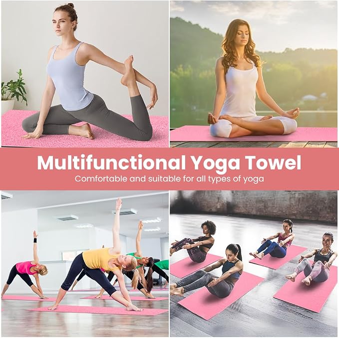 flintronic Yoga Towel, Yoga Mat Towel with Grip Dots, Microfiber Yoga Blanket Towels, Soft & Breathable, with Quick Dry Towels and Mesh Carry Bag, for Bikram, Pilates and Workout, 24" x72", Pink