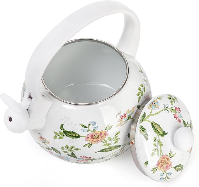 Jucoan 2.3 Quart Vintage Enamel Tea Kettle, Whistling Tea Kettle for Stove Top, Floral Enamel on Steel Teakettle Teapot for Home Kitchen Camping, Gift for Wedding Housewarming Mother's Day