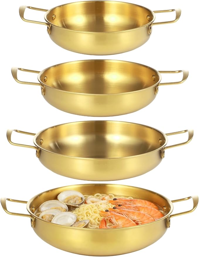 4Pcs Korean Ramen Pot Set,Stainless Steel Ramen Pot with Double Handles, 8.4-10.7 in Diameter Korean Noodle Pot Golden Soup Pots & Cooking Pots for Stove,Pasta,Soup (Gold)