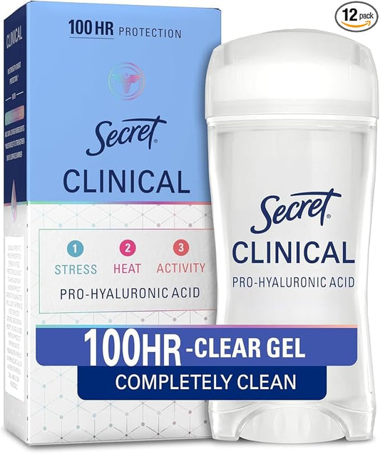 Secret Clinical Strength 100HR Sweat & Odor, Clear Gel Antiperspirant Deodorant for Women, 3X Stress Protection with Hyaluronic Acid, PH Balancing Minerals, Completely Clean Scent, 2.6 oz (Pack of 12)