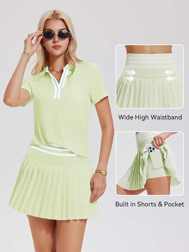 Tennis Skirt Set for Women Color Block V Neck Golf Pickleball Outfits Pleated Athletic Two Piece Skirts Sets