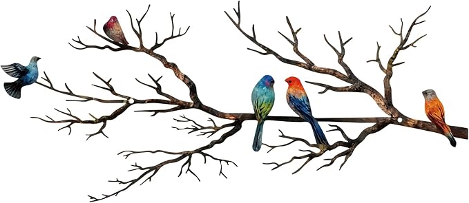 ESTART Metal Birds Wall Art, Metal Vivid Birds on Branch Silhouette Wall Decor Black Leaves with Bird Outdoor Hanging Wall Sculpture for Home Balcony Garden (Classic Color, Small)