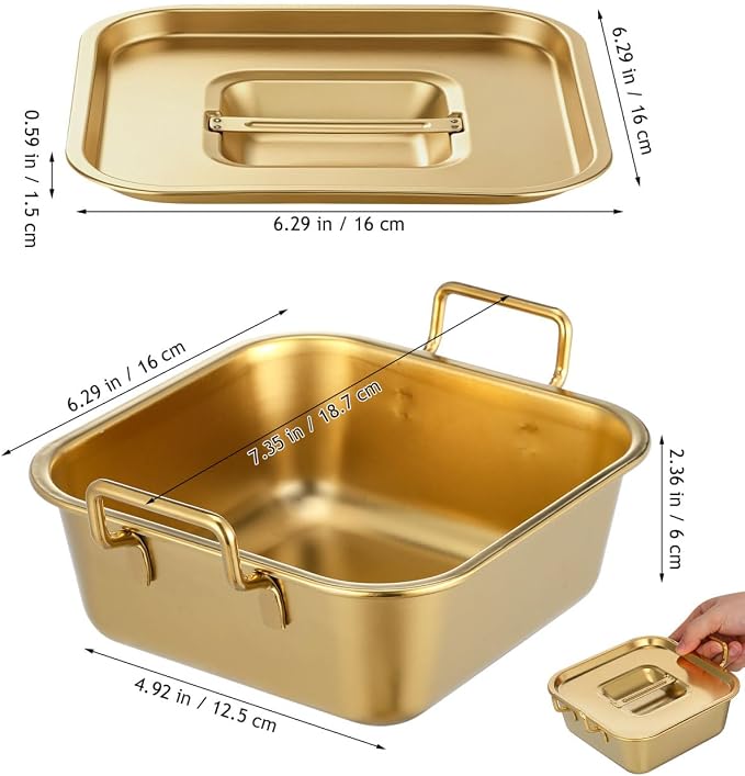 NUOBESTY Gold Korean Ramen Pot with Lid & Handles, 40 oz Stainless Steel Square Noodle Bowl Versatile Individual Serving Tray for French Fries, Fried Chicken, Tiramisu & Party Buffet, 6.3 Inch