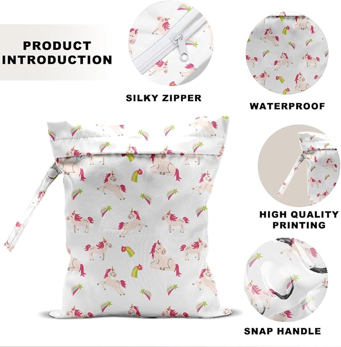 Unicorn Wet Dry Bag 12x10 Inch, Waterproof Reusable Wet Bag with Two Zippered Pockets & Handle for Swimsuit Travel Beach Pool Gym Stroller Dirty Yoga Gym Clothes Toiletries Daycare Organizer